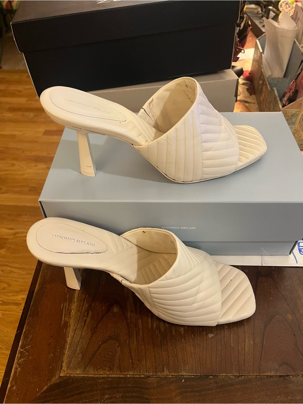 9.5 ANTONIO MELANI Cream Quilted Slide Mules with Stiletto Heel